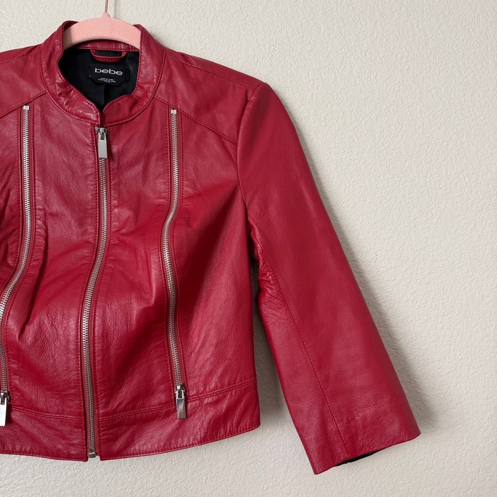 Bebe Leather Jacket Womens Red XS Cropped Moto Biker 3/4 Sleeve Scooter Y2K - Picture 5 of 11